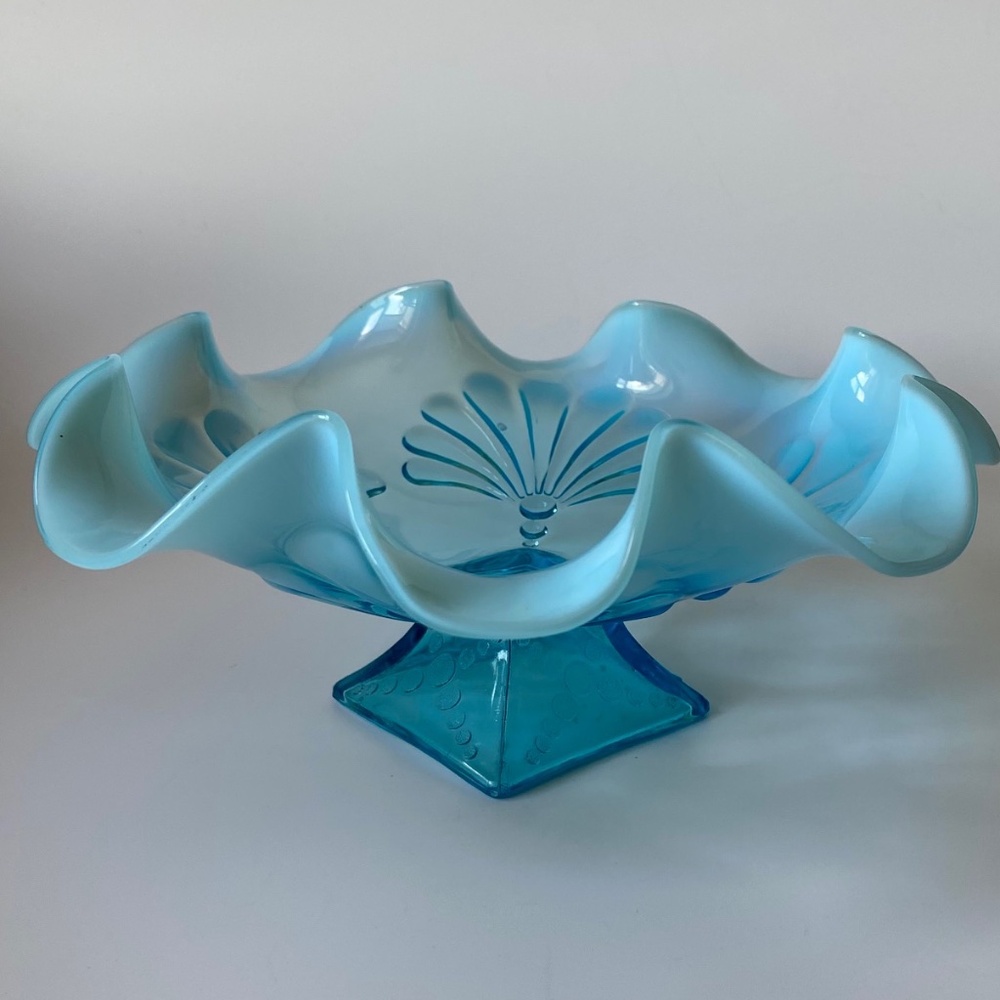 Antique Beaded Fans Blue Jefferson Glass Candy Dish Opalescent Circa  1905